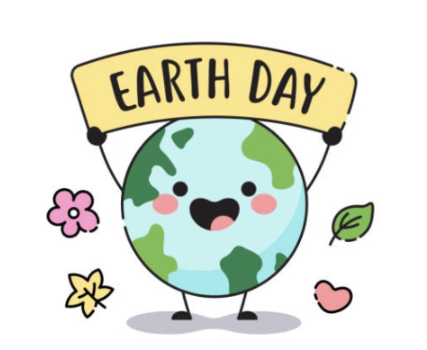 cartoon Earth holding an Earth Day sign